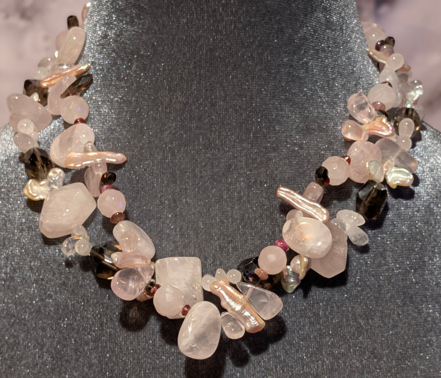 ROSE & SMOKEY QUARTZ & PEARL NECKLACE