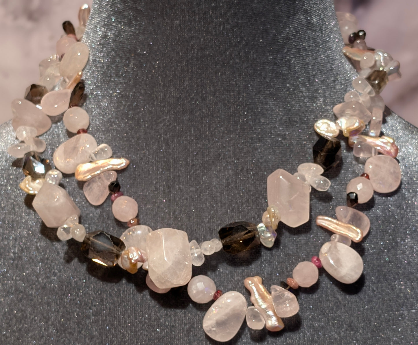 ROSE & SMOKEY QUARTZ & PEARL NECKLACE
