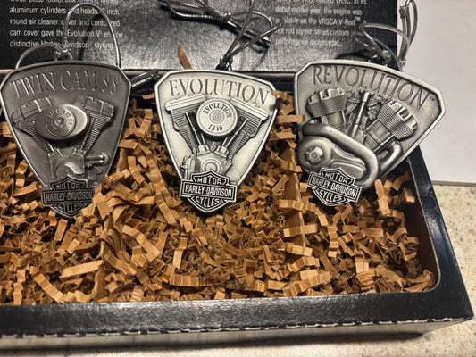 NIB VINTAGE PEWTER HARLEY DAVIDSON ORNAMENTS SET OF 3