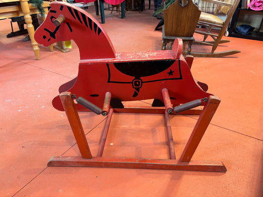 ANTIQUE ALL WOOD RED ROCKING HORSE